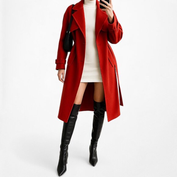 Red Oversized Belted Trench Coat Peacoat Style Long Jacket Size XS/S/M - Picture 2 of 10